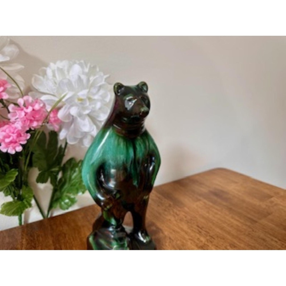 Blue Mountain Pottery Standing Bearโ Figurine Green Black Drip Glaze Canadian